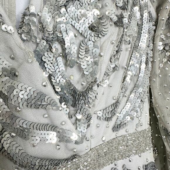 Mac Duggal 5222 Sequined Faux Wrap Split Long Sleeve Gown Platinum 6 $598 NEW - Picture 6 of 16